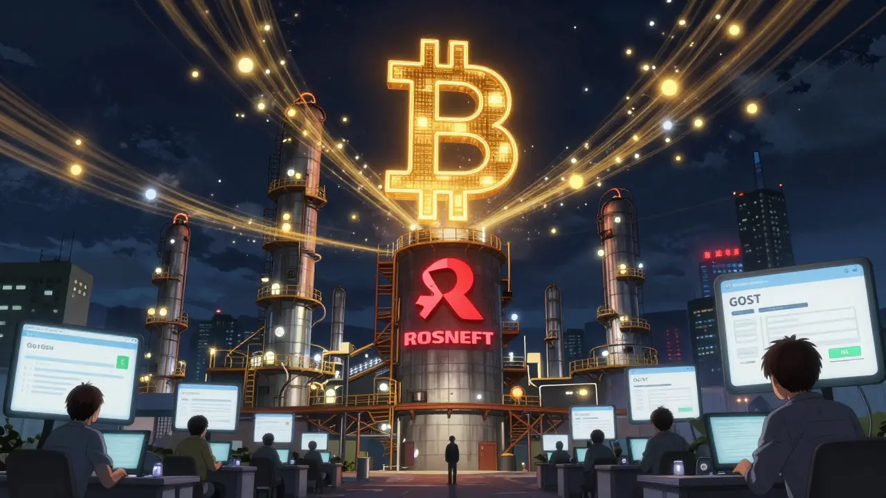 Raffinerie pétrolière géante avec des transactions Bitcoin en streaming vers l'Asie, dans un ciel nocturne.