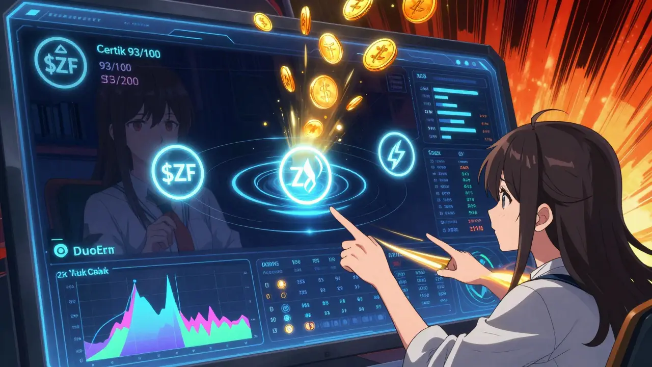 Tableau de bord futuriste affichant des jetons $ZF, $USDC et $ETH en orbite, avec une carte Heatmap et un badge de sécurité Certik.
