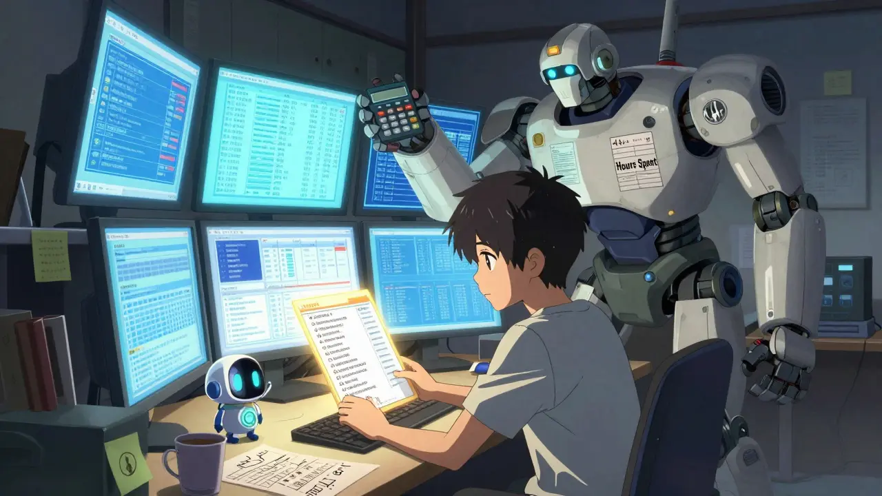 Un adolescent confronté à un robot de déclaration fiscale, entouré d&#039;écrans de transactions crypto.