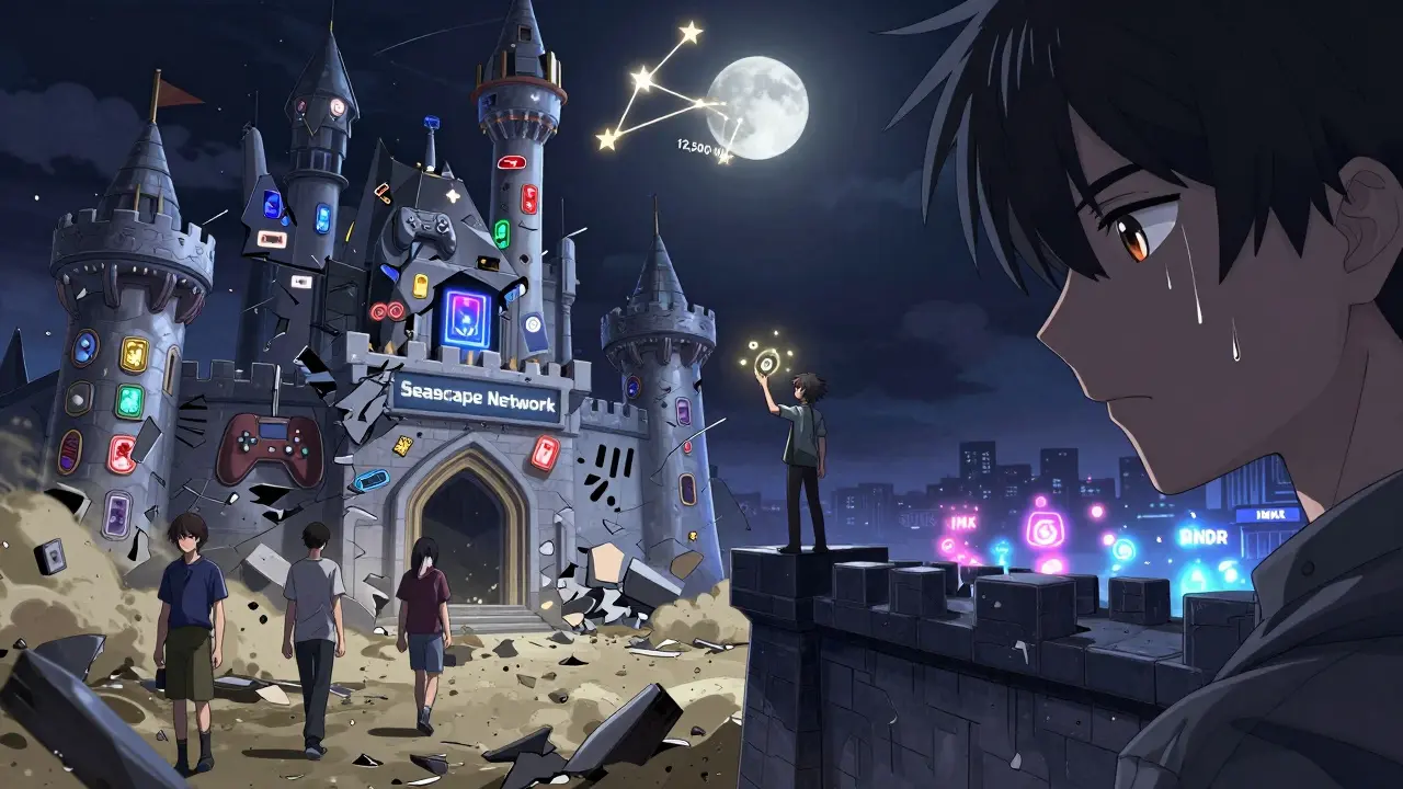 Un château numérique s'effondre tandis que des joueurs partent, un dernier joueur tient un jeton CWS qui clignote faiblement.