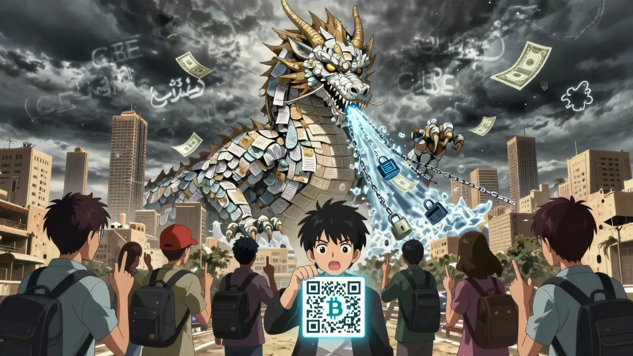 Un dragon bureaucratique écrase une ville avec des chaînes de devises, tandis que des teens échangent des crypto en secret.