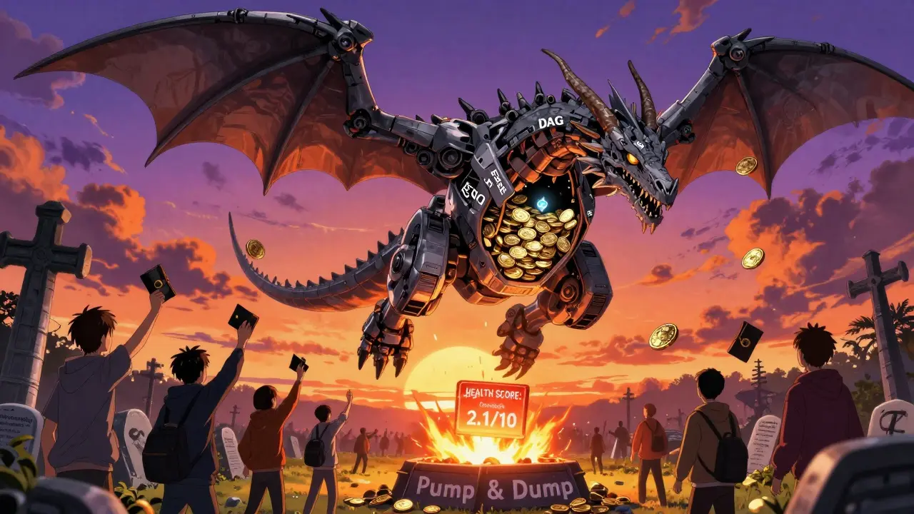 Un dragon géant fait de fausses promesses blockchain, au-dessus d&#039;une fosse de portefeuilles jetés.