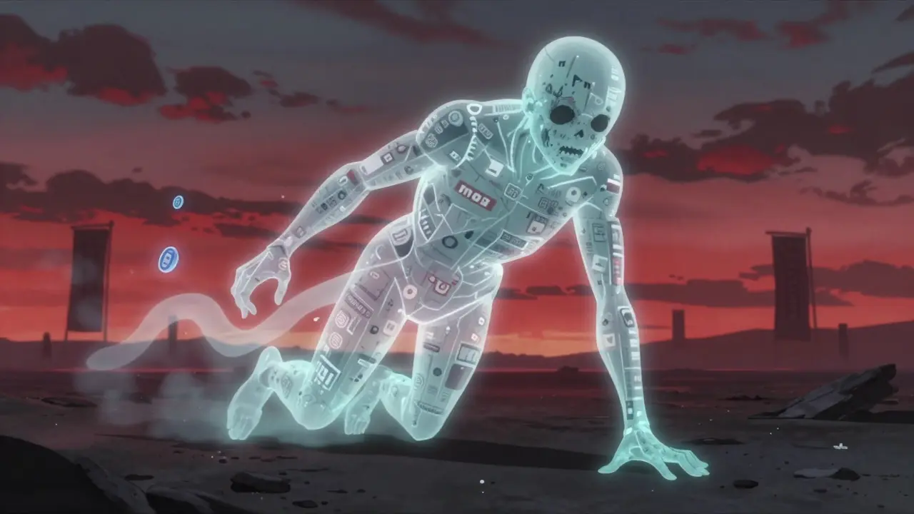 Un fantôme de code blockchain se dissout dans un paysage numérique abandonné.