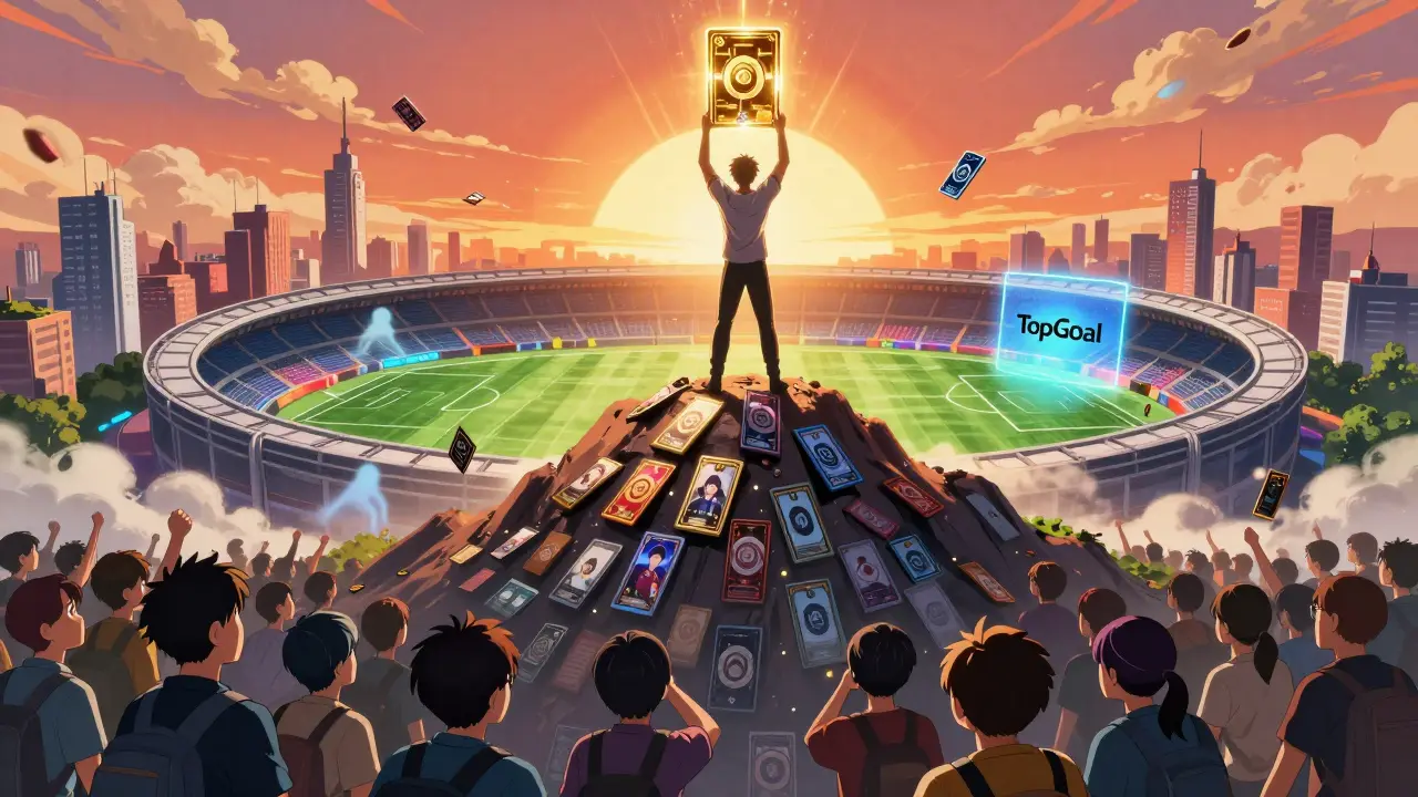 Un gagnant tenant un NFT légendaire qui émet une lumière dorée, surplombant une ville numérique en forme de stade.