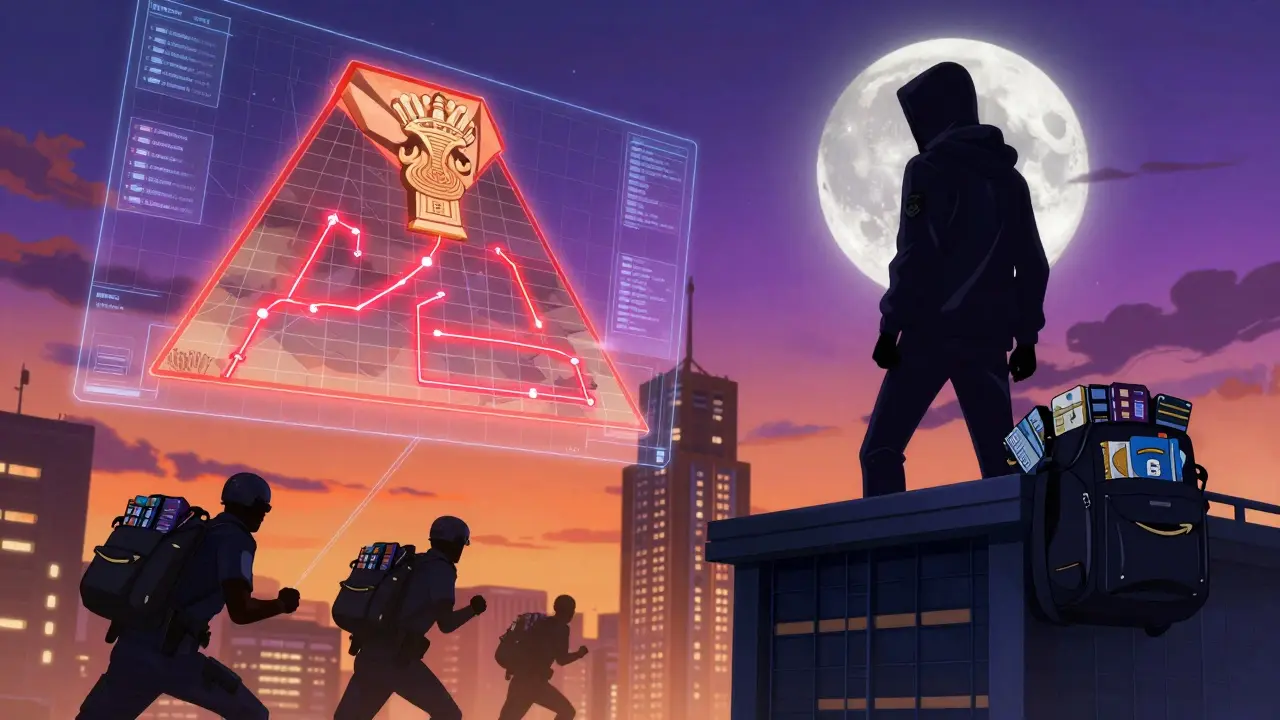 Un hacker projette une carte des transactions crypto échappant à la surveillance bancaire, sous un ciel lunaire en forme de sceau bancaire.