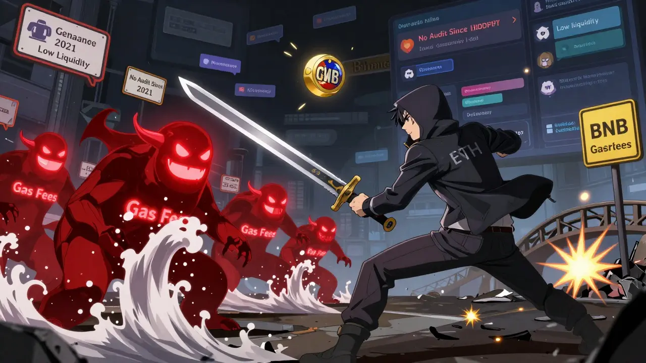 Un héros anime combat des monstres de frais de gaz sur une bourse décentralisée, un jeton CWS faible flotte au milieu.