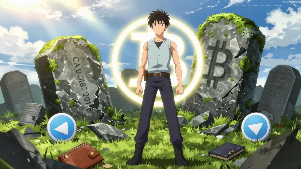 Un héros face au Bitcoin, derrière lui une tombe marquée 'CAB' dans les ruines d'un projet abandonné.