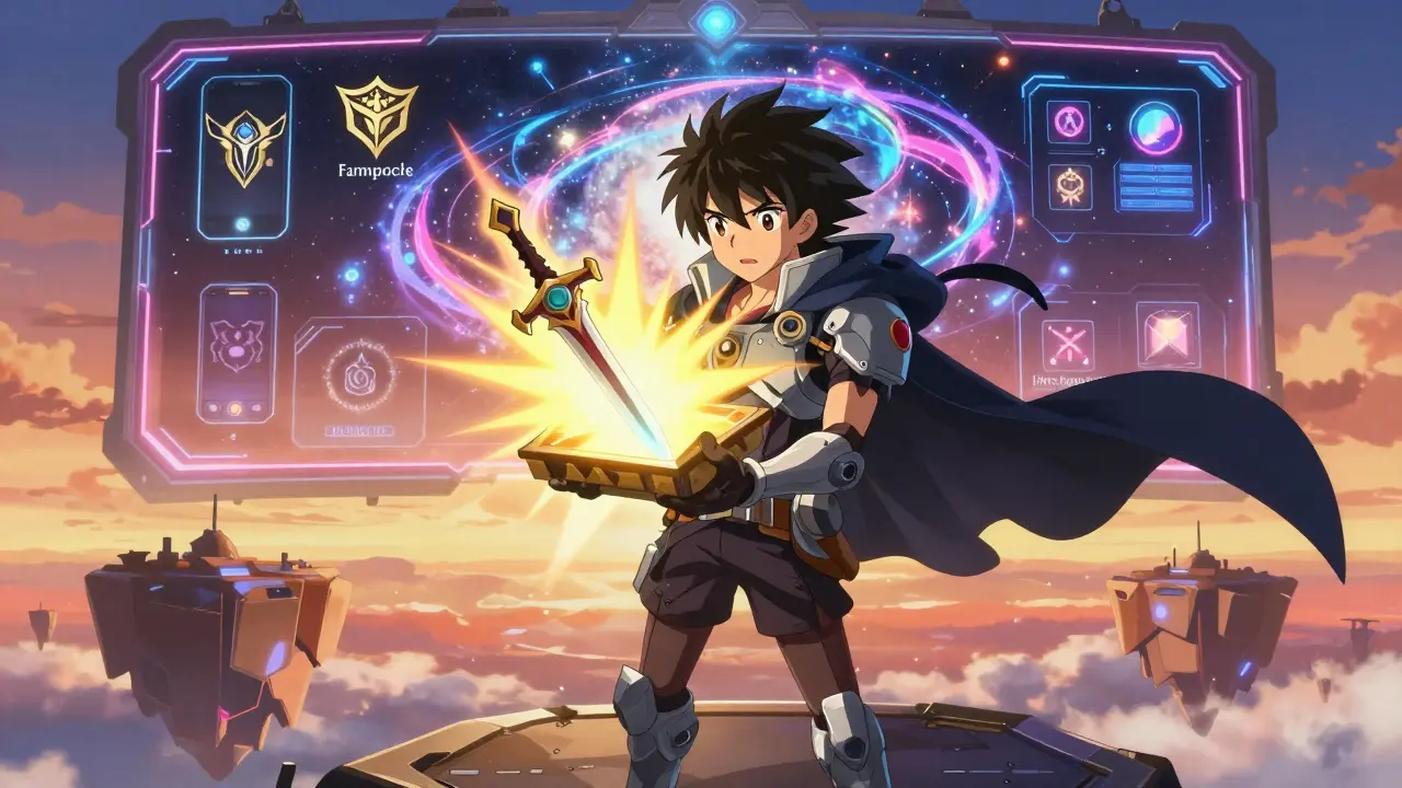 Un héros ouvre un coffre NFT qui libère une arme légendaire, derrière lui un portail vers l'avenir du jeu.