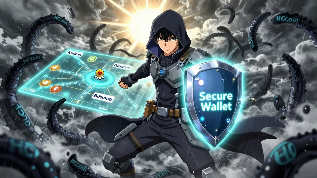 Un héros protégé par un bouclier de sécurité face à des tentacules de HCoin, avec des échanges fiables en arrière-plan.