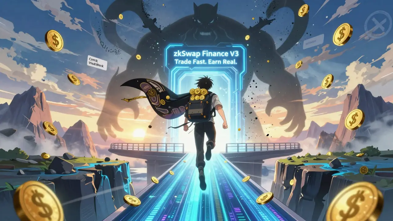 Un héros traverse un pont blockchain, fuyant les échanges centralisés vers zkSwap, entouré de jetons $ZF et de sceaux d&#039;audit.