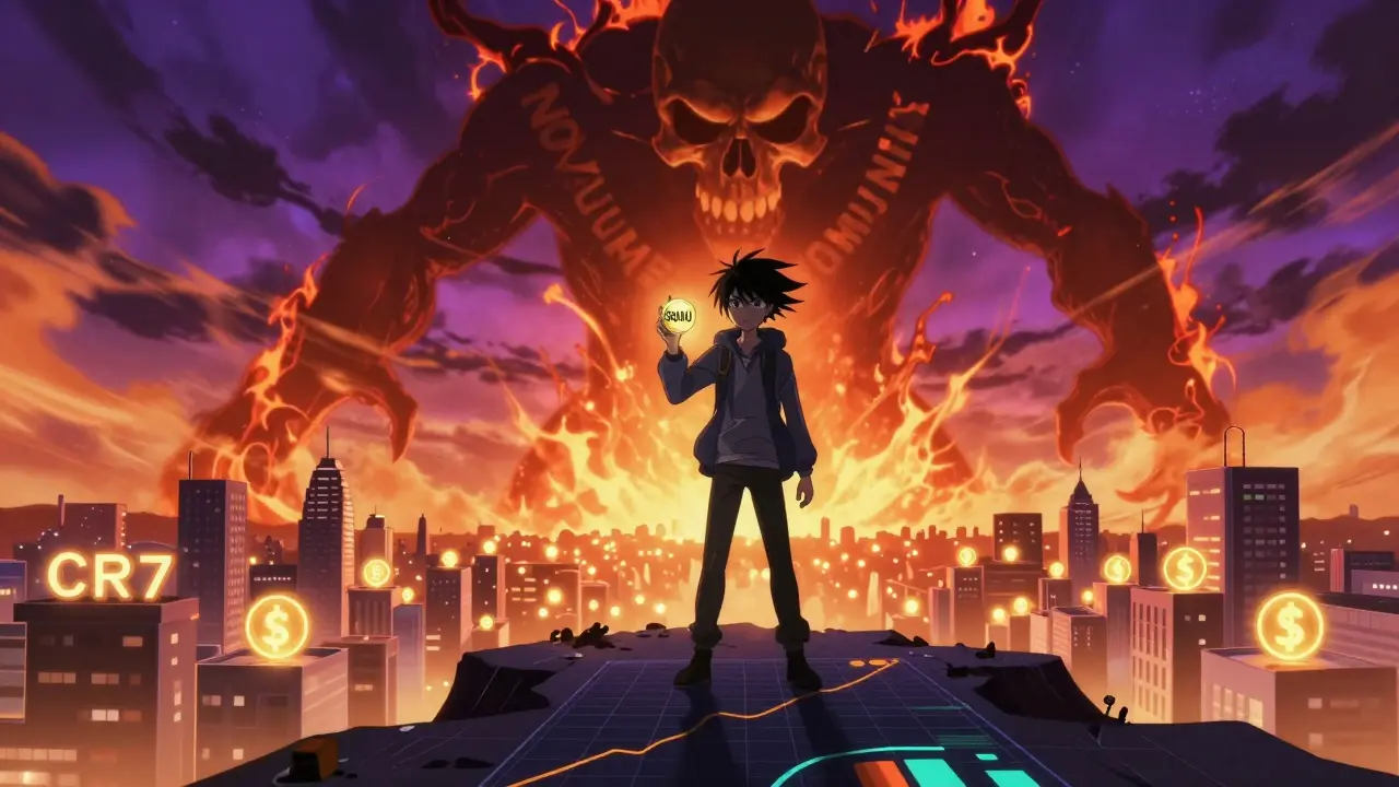 Un jeune investisseur sur un cliff de graphiques, tenant un jeton $SIUUU tandis qu&#039;une créature sombre menace derrière lui.