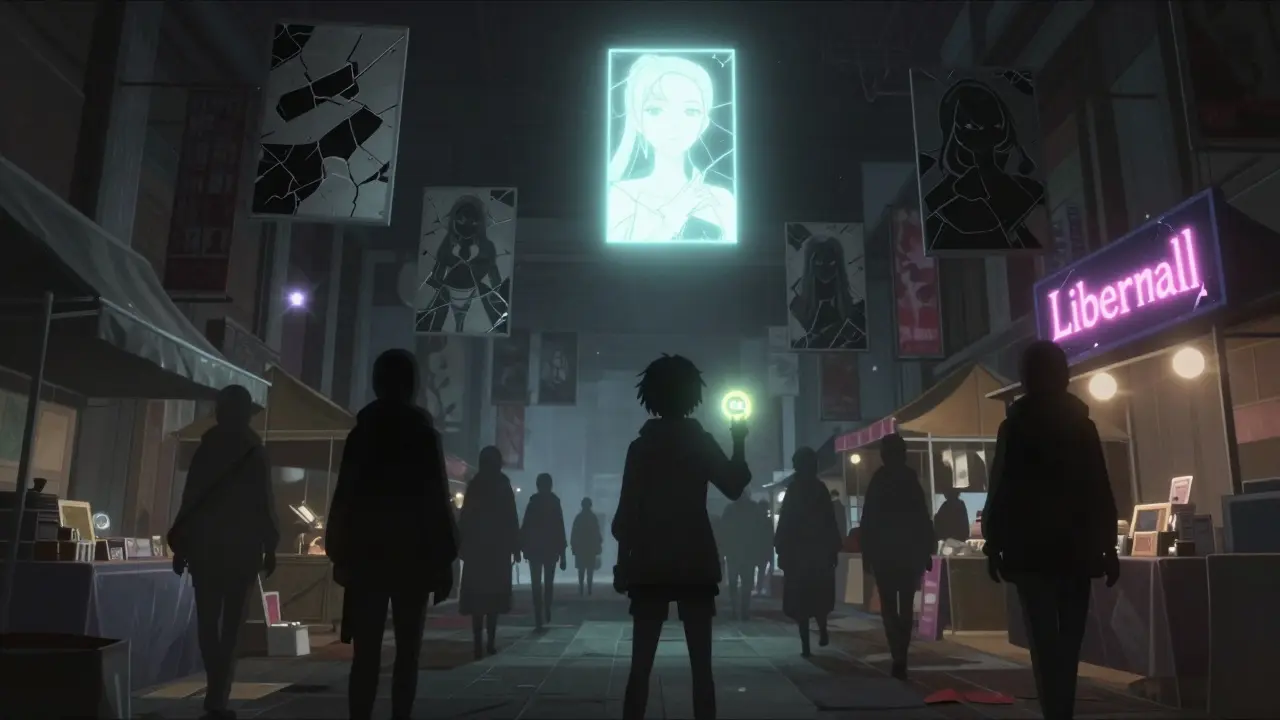 Un marché NFT vide avec une seule œuvre encore lumineuse, le reste est poussiéreux et abandonné.