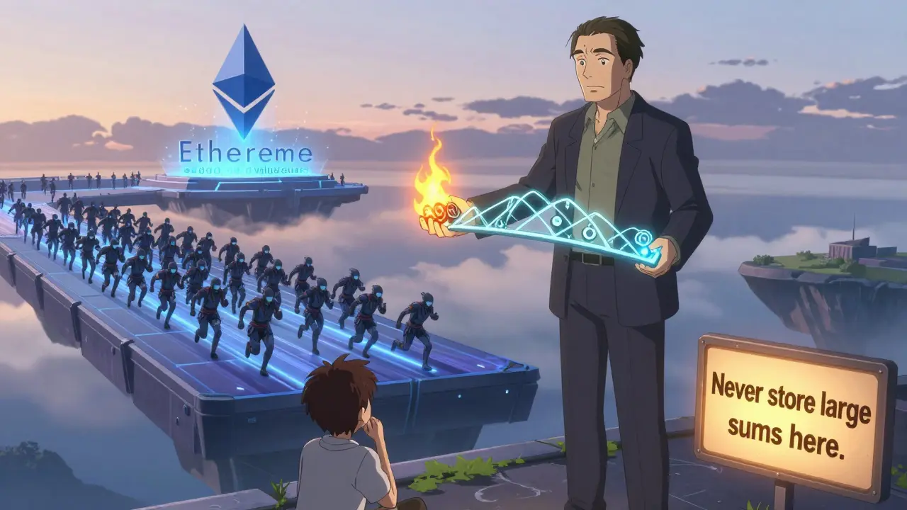 Un mentor montre à un utilisateur comment utiliser en sécurité une sidechain, avec Ethereum en arrière-plan majestueux.