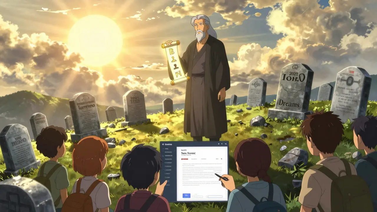 Un mentor montre la voie vers des projets légitimes, tandis que les tombes des projets morts s'étendent derrière lui.