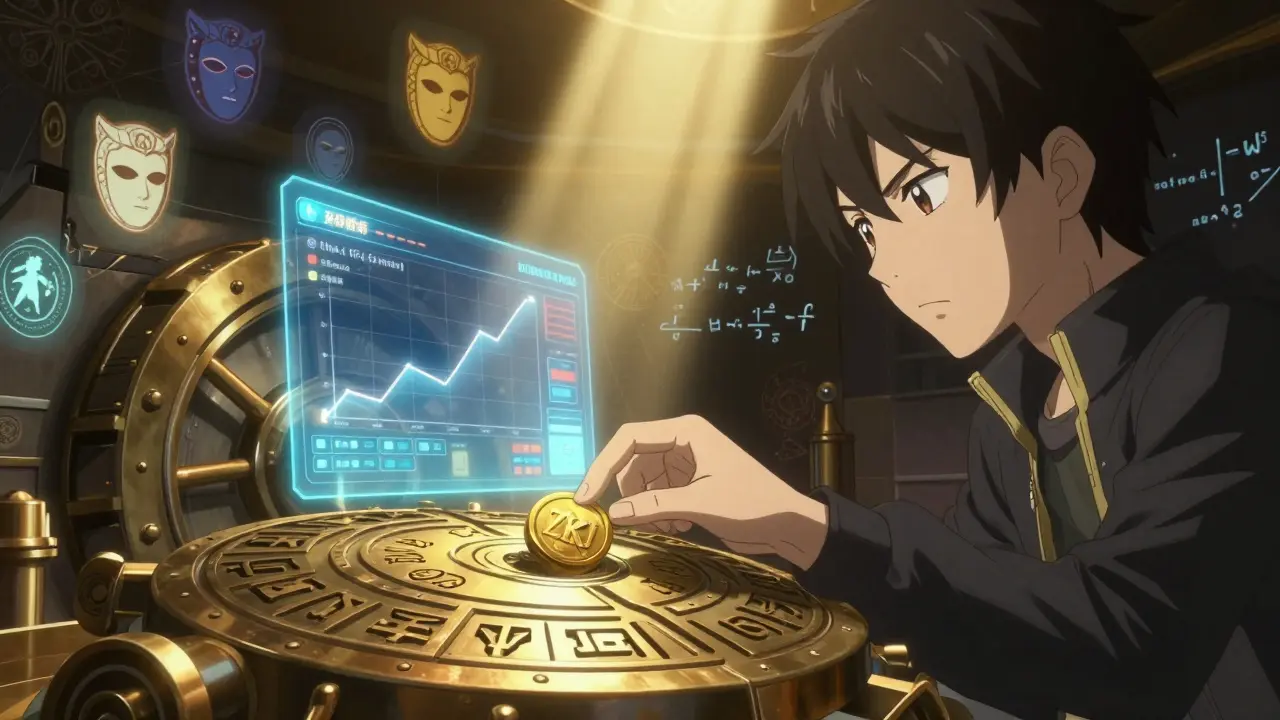 Un personnage insère un jeton ZKJ dans un coffre magique rempli de preuves cryptographiques.