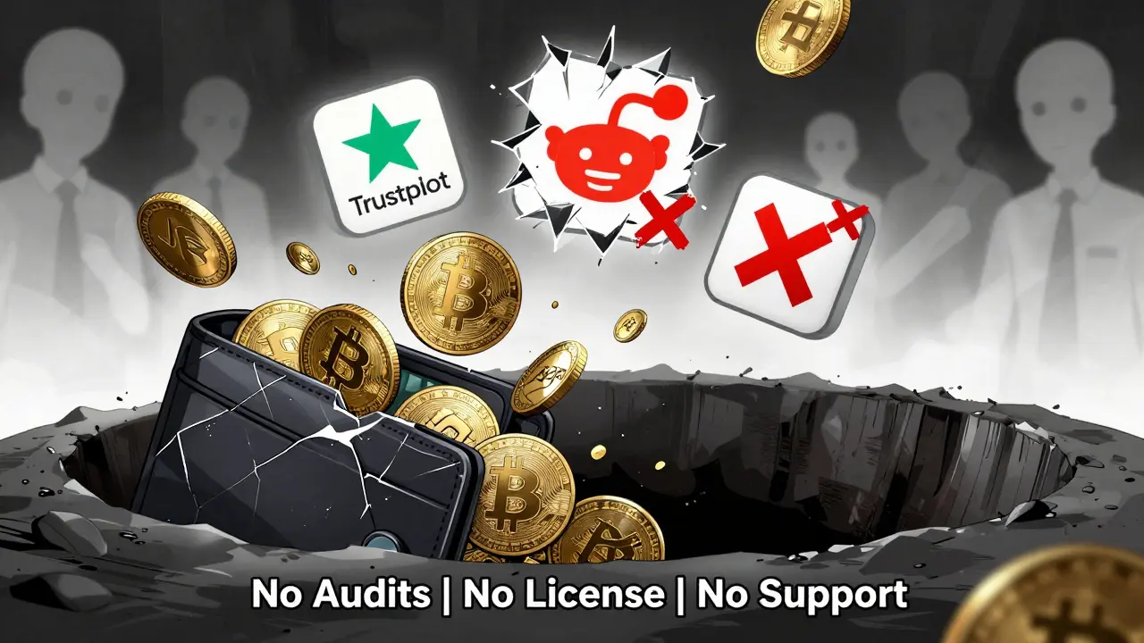 Un portefeuille numérique qui s'effondre dans un vide sans audit ni support, avec des icônes de confiance brisées.