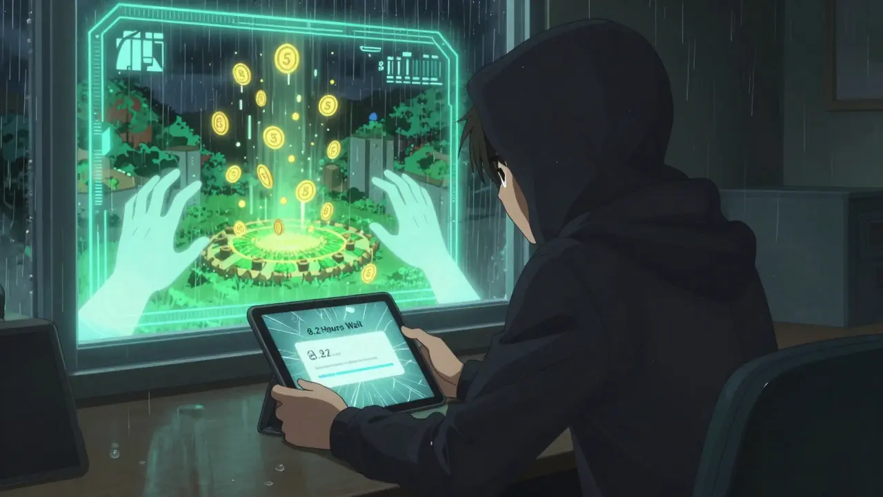 Un utilisateur déçu face à un écran de retrait bloqué, tandis qu'une porte vers des récompenses DeFi s'ouvre derrière lui.
