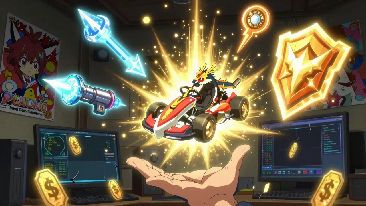 Une boîte NFT Dragon Kart en train d'exploser, libérant des armes magiques et des jetons $KART, entourée d'éléments technologiques défaillants.