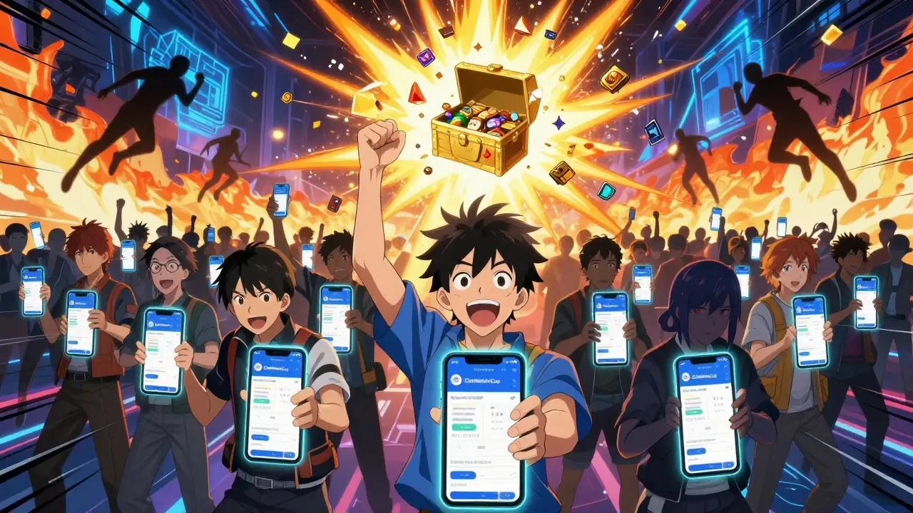 Une foule de joueurs célèbre la victoire dans un arène numérique, un coffre NFT explose en confettis.