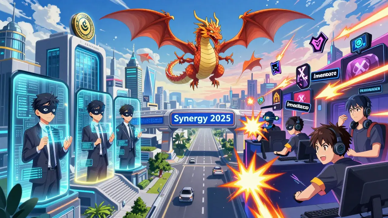 Une institution européenne privée et un hub de jeux asiatique reliés par un pont, symbolisant la coexistence des deux rollups.