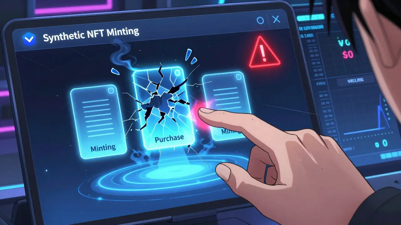 Une main connecte un portefeuille à un contrat NFT instable, avec des symboles d&#039;avertissement rouges et des graphiques à 0 $.