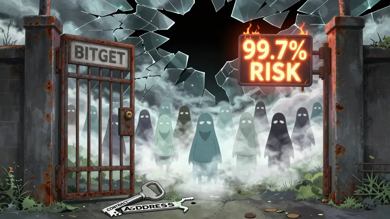 Une porte fermée avec 14 fantômes qui disparaissent, sous un avertissement flamboyant : &#039;99,7 % de risque&#039;.