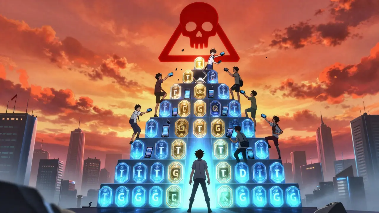 Une pyramide de recrutement en jetons TGR qui s’effondre, un jeune homme regarde en haut avec inquiétude.