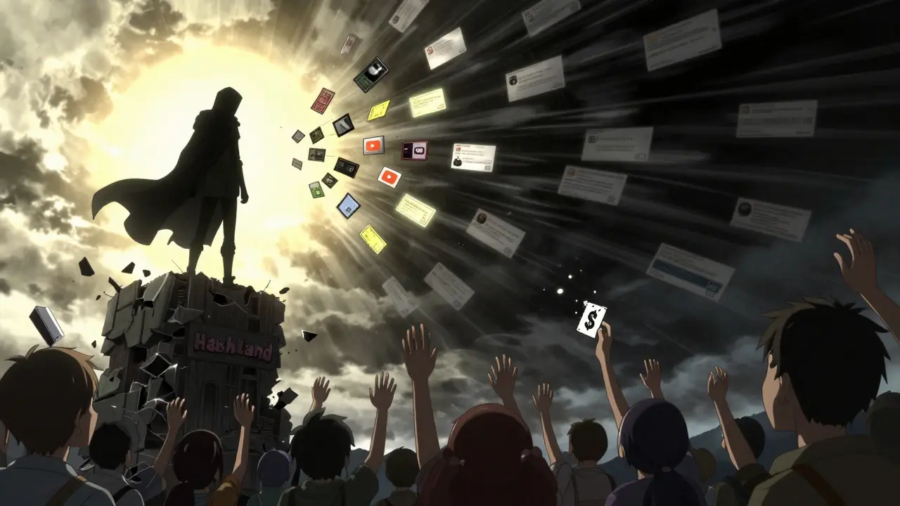 Une silhouette obscure lance des NFT dans une tempête de fausses publicités, tandis que des utilisateurs tendent les mains vers le vide.