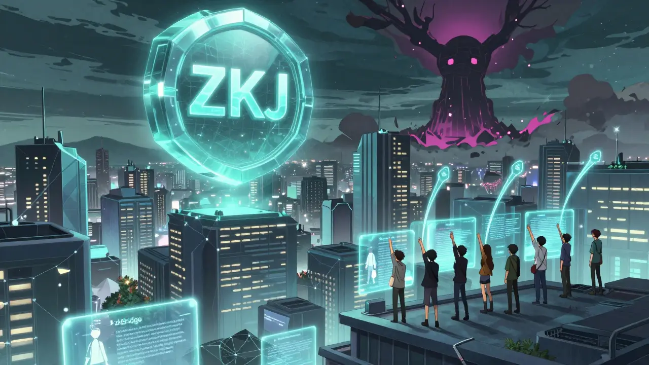 Une ville futuriste protégée par un énorme jeton ZKJ flottant dans le ciel.