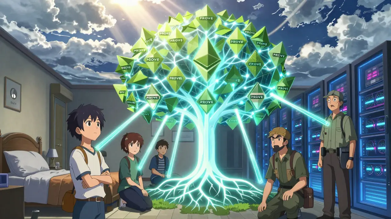 Utilisateurs connectés par des jetons PROVE vers un arbre blockchain symbolisant la gouvernance communautaire.