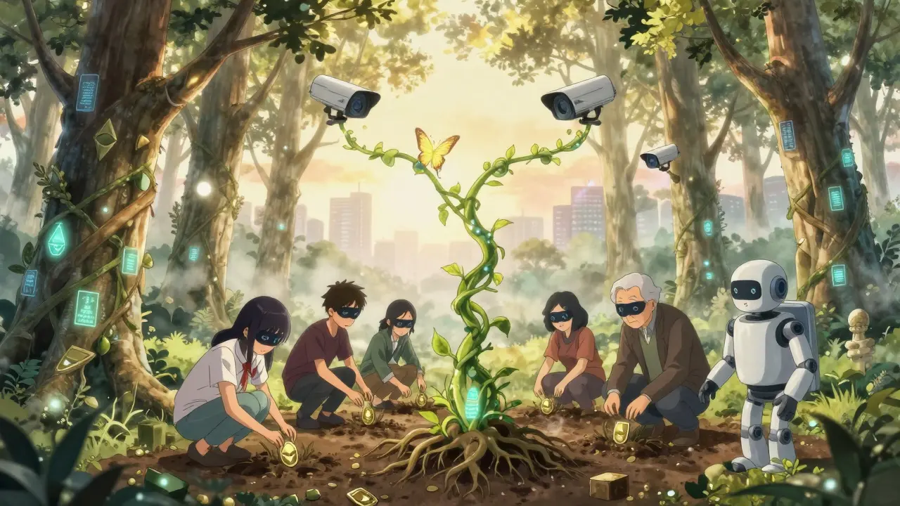 Utilisateurs plantent des jetons NYM dans une forêt de données, transformant des drones en papillons.