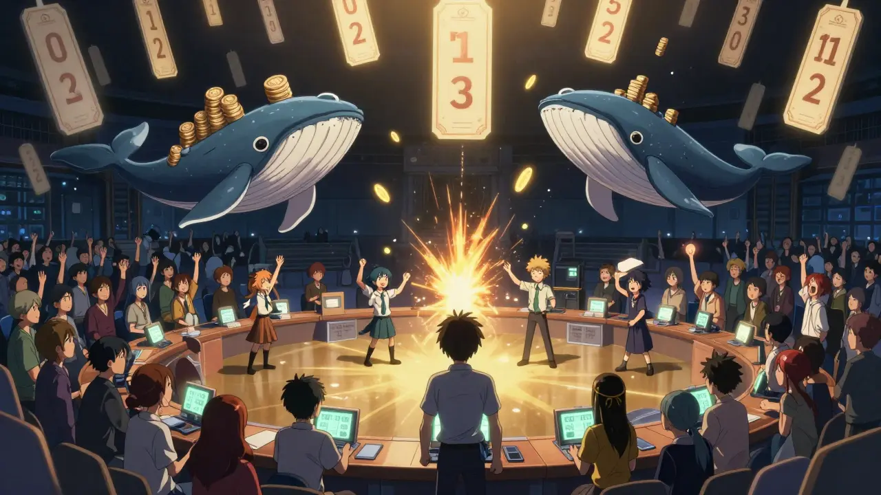 Bataille épique entre gros détenteurs de jetons et petits votants dans une arène numérique.