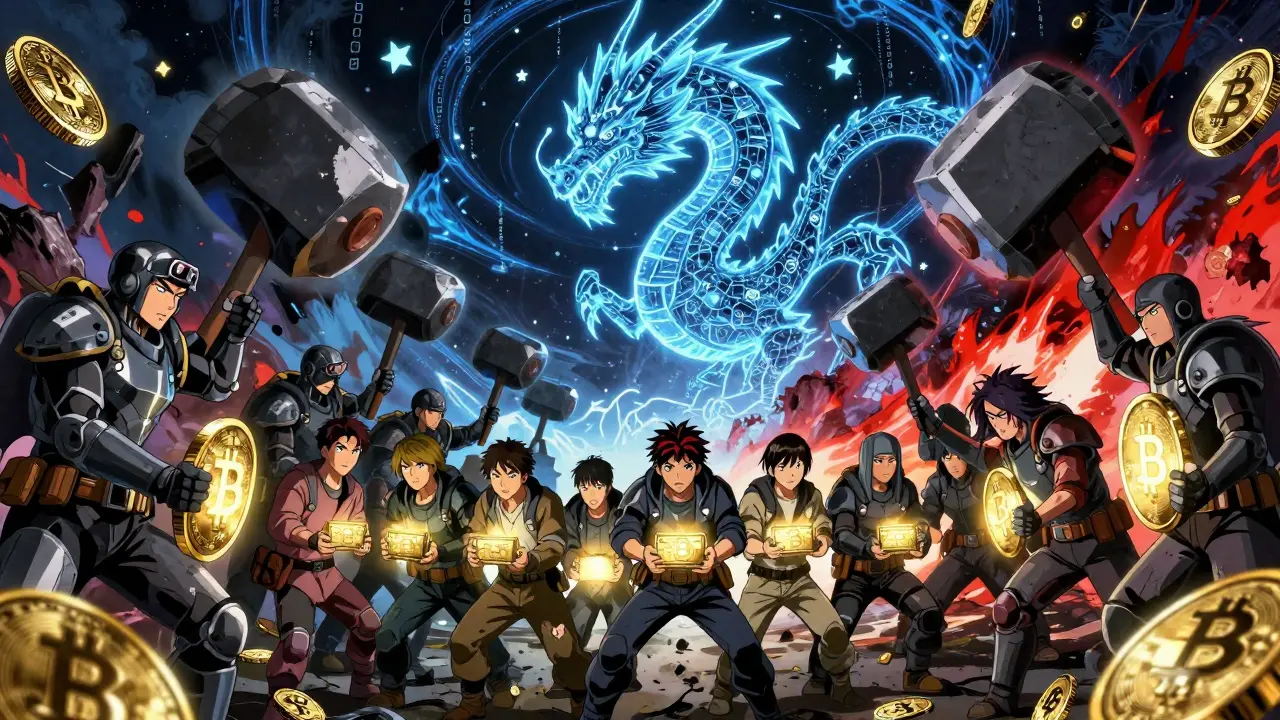 Bataille épique entre soldats et civils pour la liberté des cryptomonnaies, un dragon blockchain se lève.