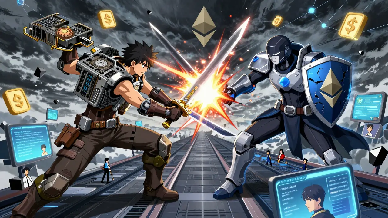 Bataille épique entre un guerrier OGPU et un adversaire AWS sur un pont blockchain, avec des tokens et des nœuds numériques en arrière-plan.