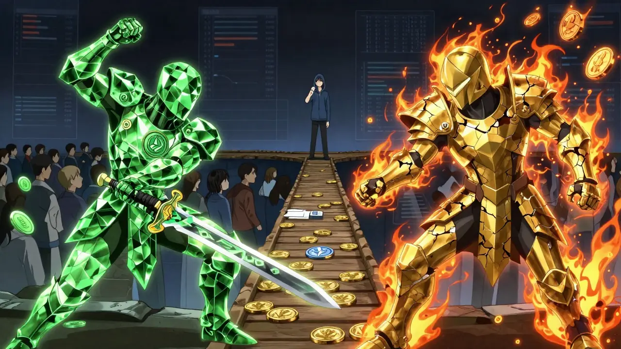 Bataille épique entre un guerrier Polygon et un guerrier Ethereum, avec des stablecoins sur un pont fragile.