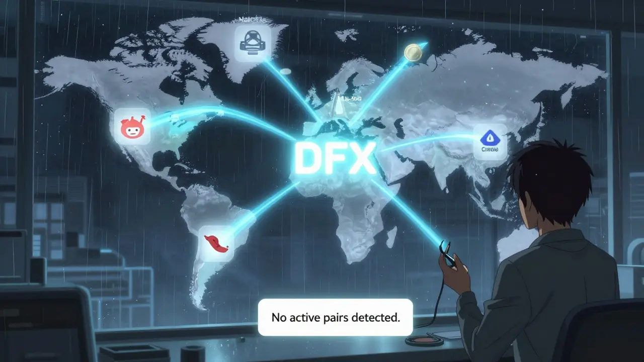 Carte mondiale avec des flux de stablecoins, le logo DFX faiblement lumineux, entouré de symboles détruits.