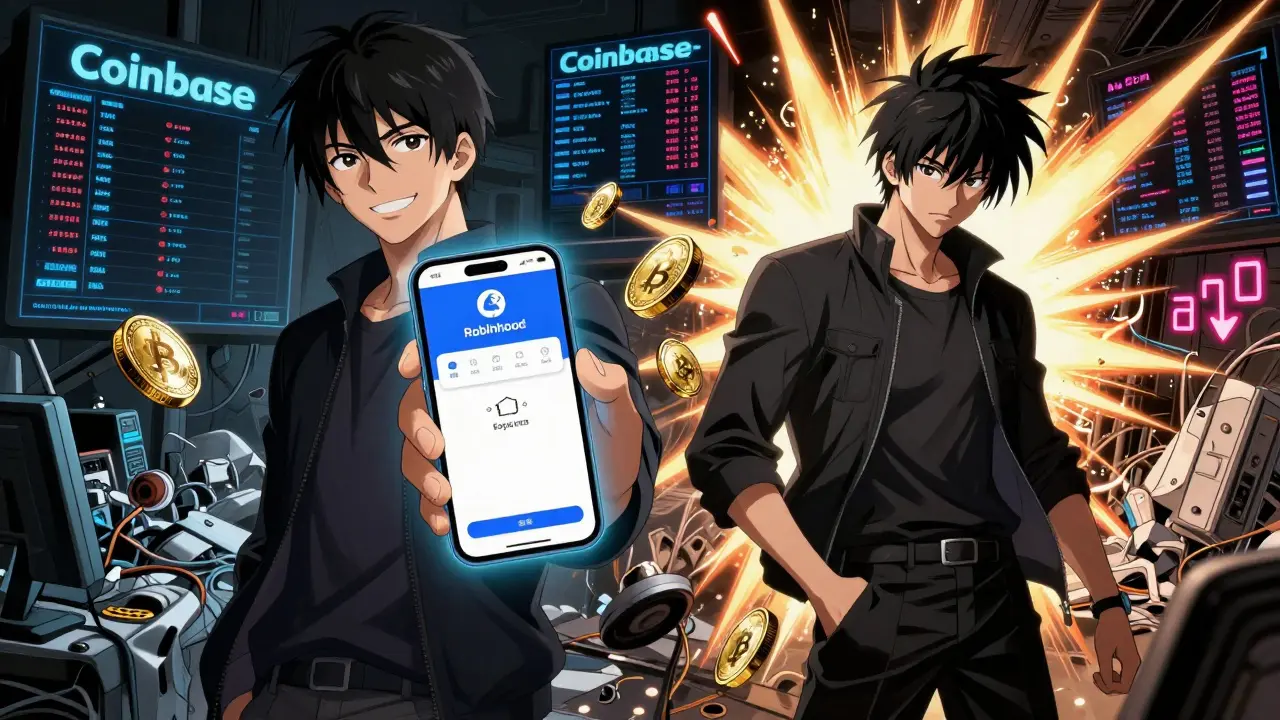 Contraste entre un utilisateur simple de Robinhood et un chaos complexe d'un vrai échange de crypto, style anime.