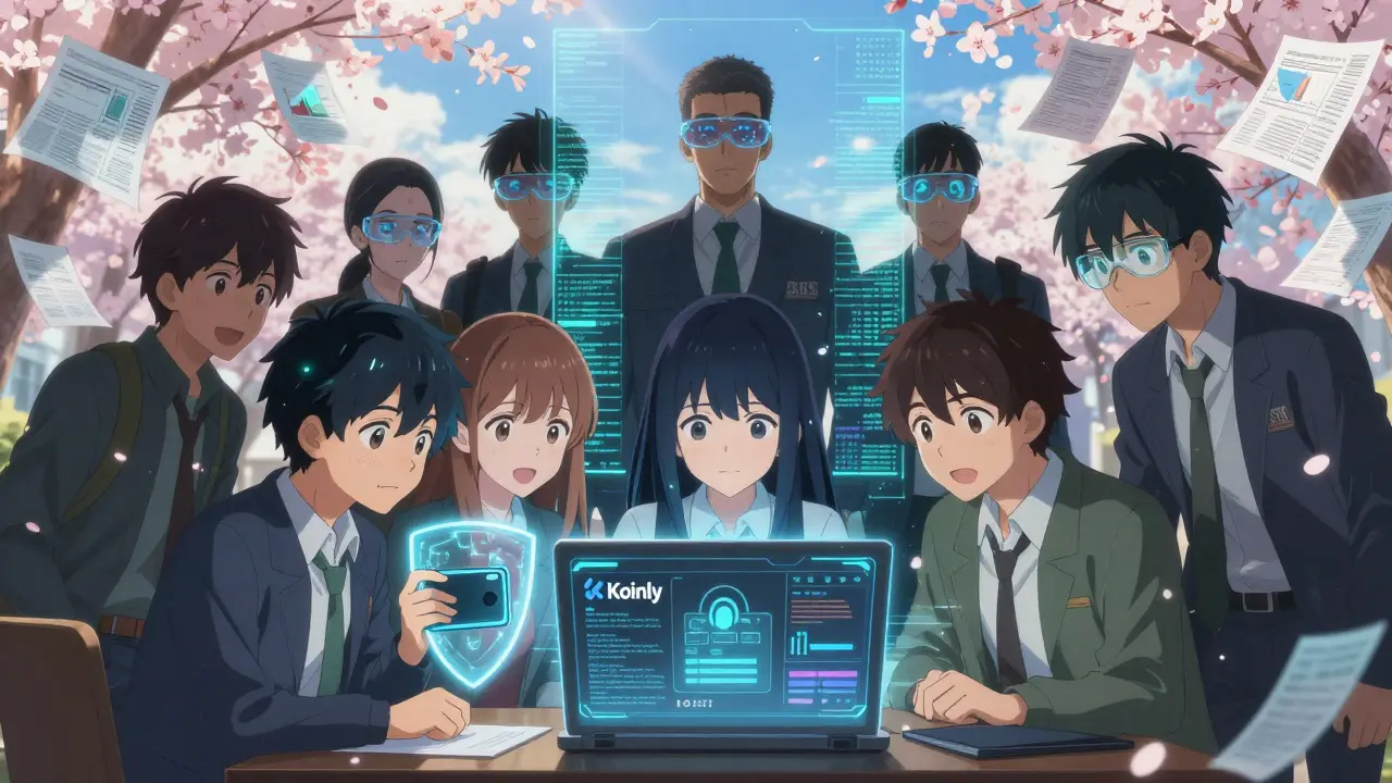 Des adolescents utilisent des logiciels fiscaux holographiques tandis que des agents de l'IRS approchent par un portail de données.