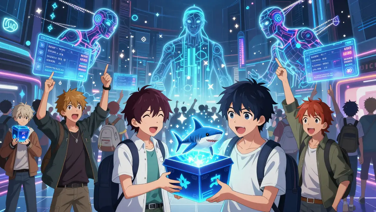 Des personnages dans un métavers animé ouvrent des boîtes mystères pour révéler des NFT marins, entourés de signaux neuronaux et de tokens.