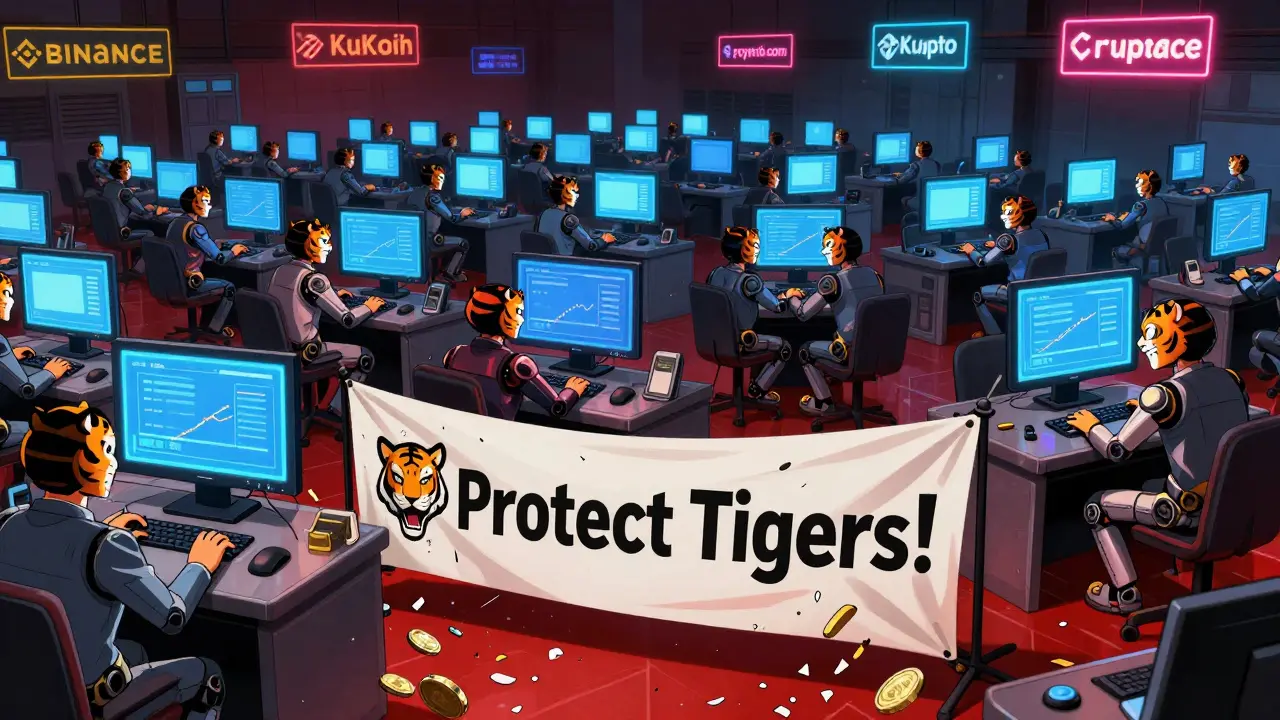 Des robots avec des masques de tigre échangent des tokens vides dans une salle de trading délabrée.