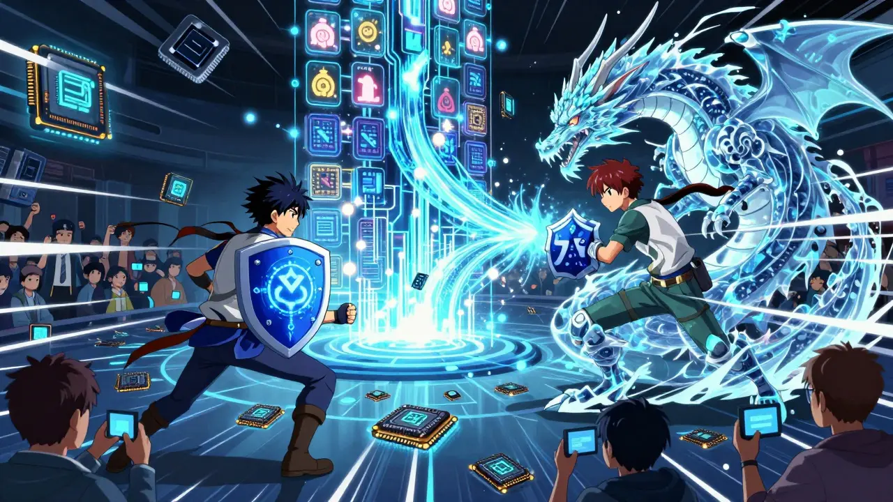 Deux équipes s'affrontent dans une arène numérique, l'une avec un bouclier SNARK, l'autre avec un dragon STARK, autour d'un circuit de transaction massif.