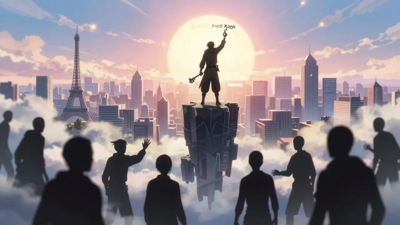 Guerrier sur une tour blockchain avec des limitations en ombre, soleil levant sur des villes mondiales, style anime shounen.