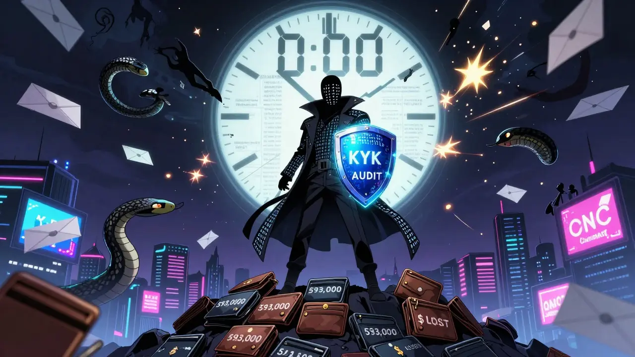 Héros affrontant un méchant fait de codes blockchain sur un monticule de portefeuilles volés.