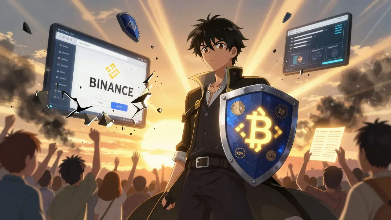 Héros aux côtés d'un échange crypto légitime tandis que les fausses plateformes s'effondrent en cendres.