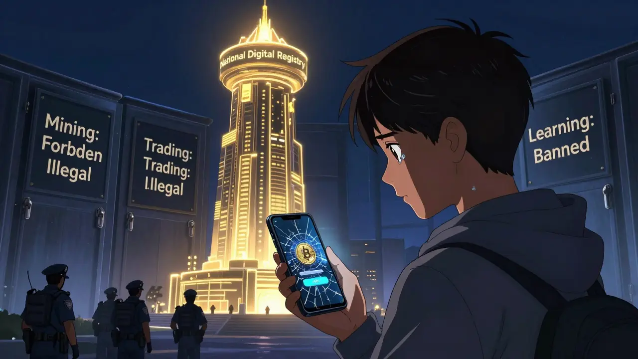 Jeune étudiant triste devant un téléphone cassé, derrière lui une tour blockchain brillante et des portes verrouillées.