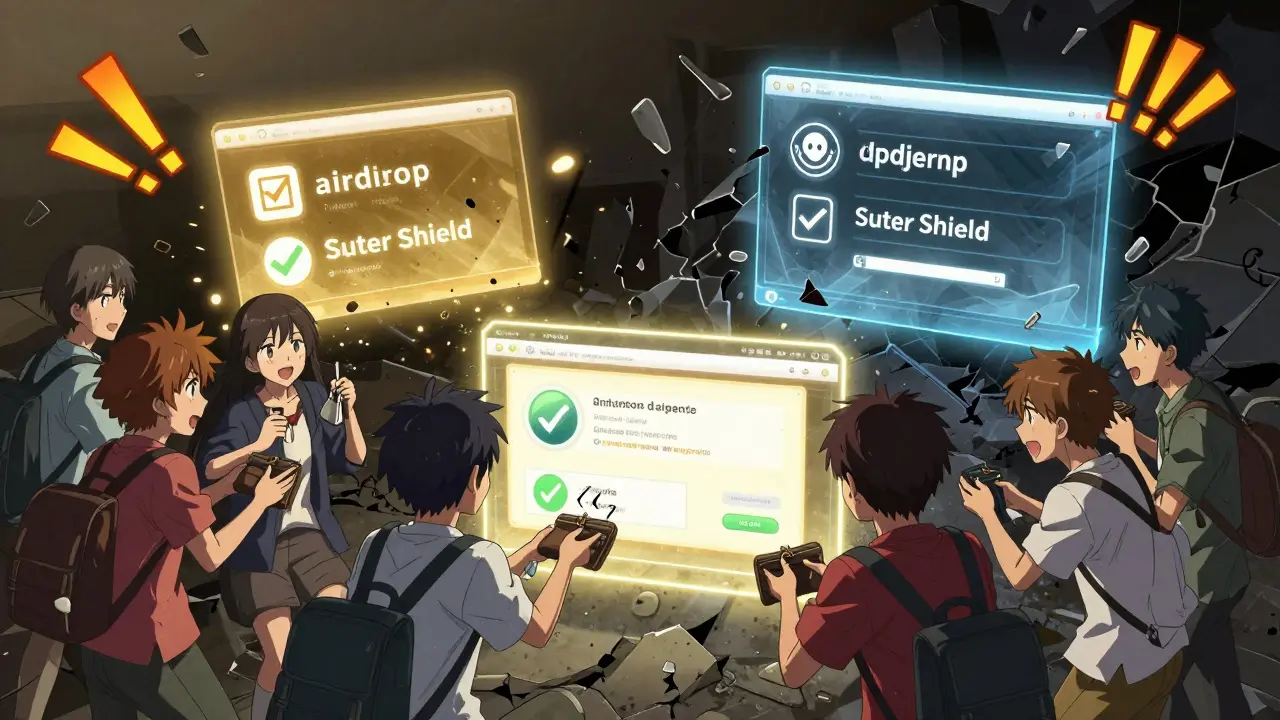 Jeunes connectant leur portefeuille à un site d'airdrop fake tandis que des projets légitimes brillent en arrière-plan.