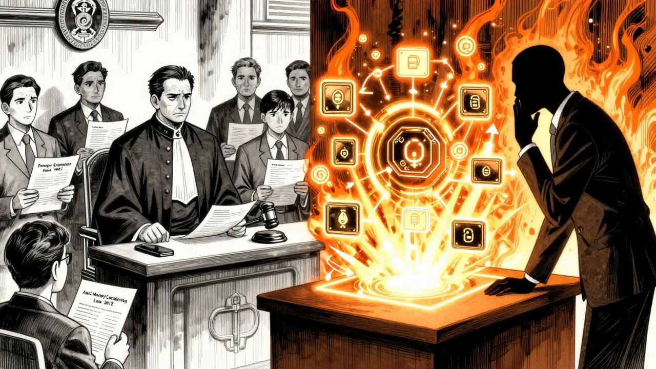 Juge dans un tribunal bangladais face à un diagramme de blockchain, lois financières flottant en arrière-plan.