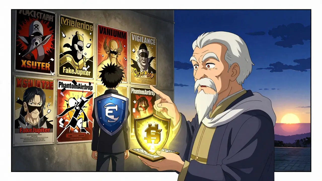 Mentor montre un bouclier de prudence contre une muraille d'arnaques d'airdrop en explosion.