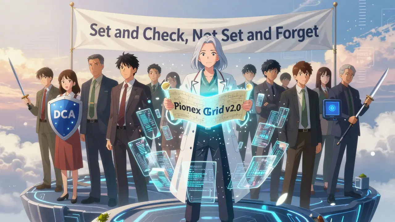 Mentor tenant un algorithme ouvert, des traders utilisant différents bots sous un banner 'Set and Check'.