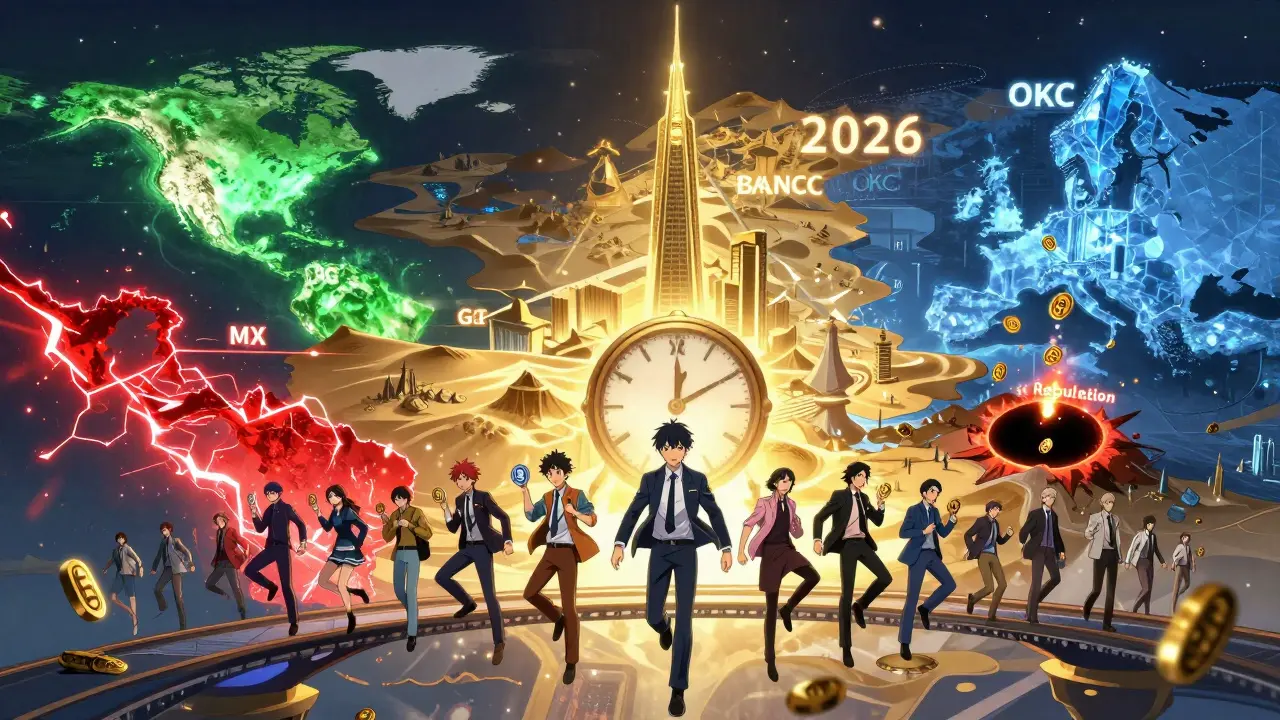 Paysages numériques régionaux dominés par différents jetons d'échange, avec des traders traversant des ponts blockchain.